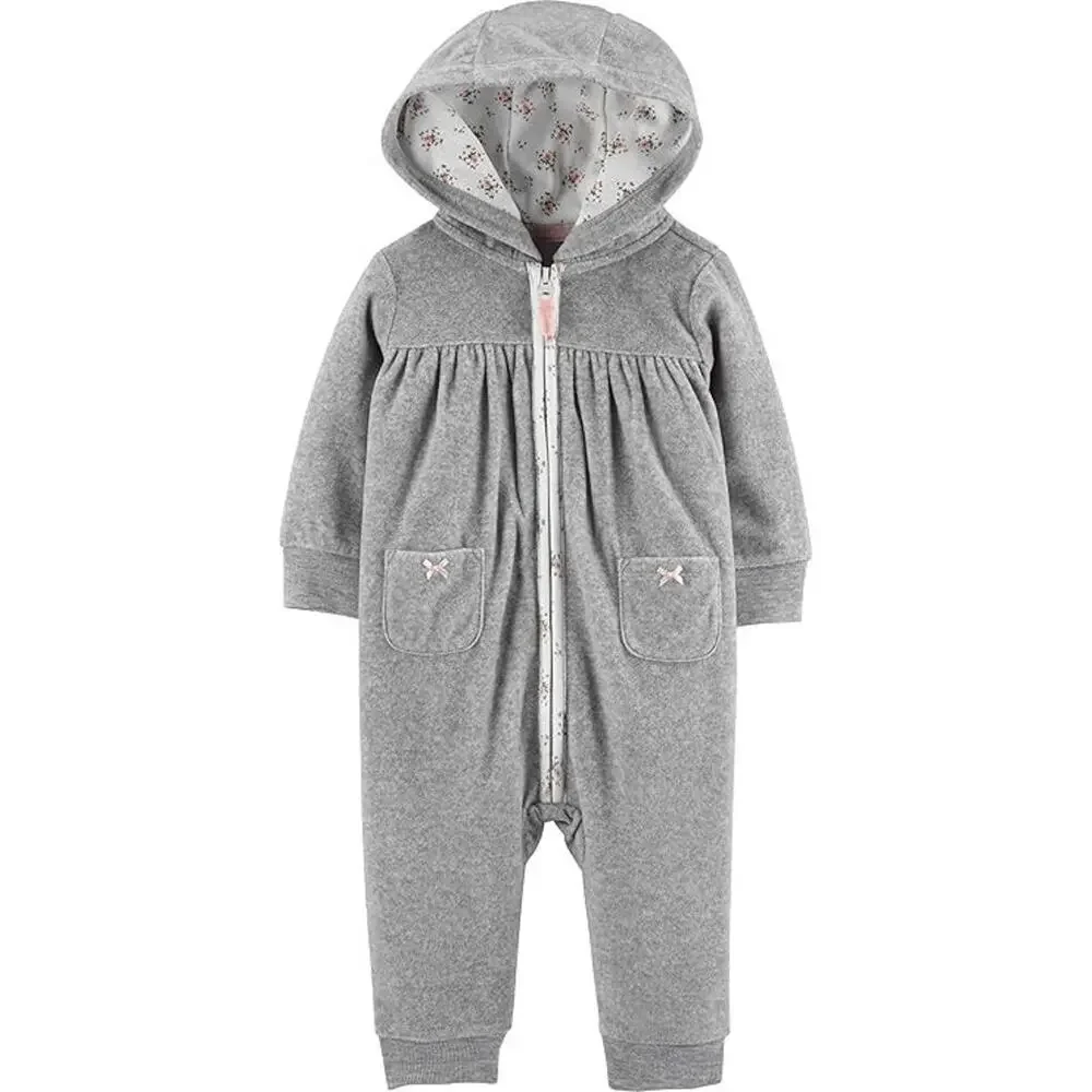 Carter’s Baby Girl Hooded Fleece Jumpsuit Gray Heart Back Zip 9 Months New